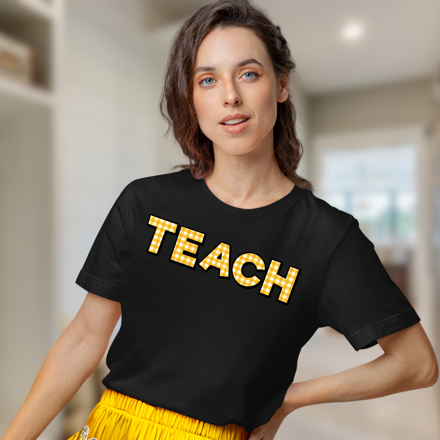 “Teach” Yellow Gingham Tee – Cute Teacher Shirt for Back to School