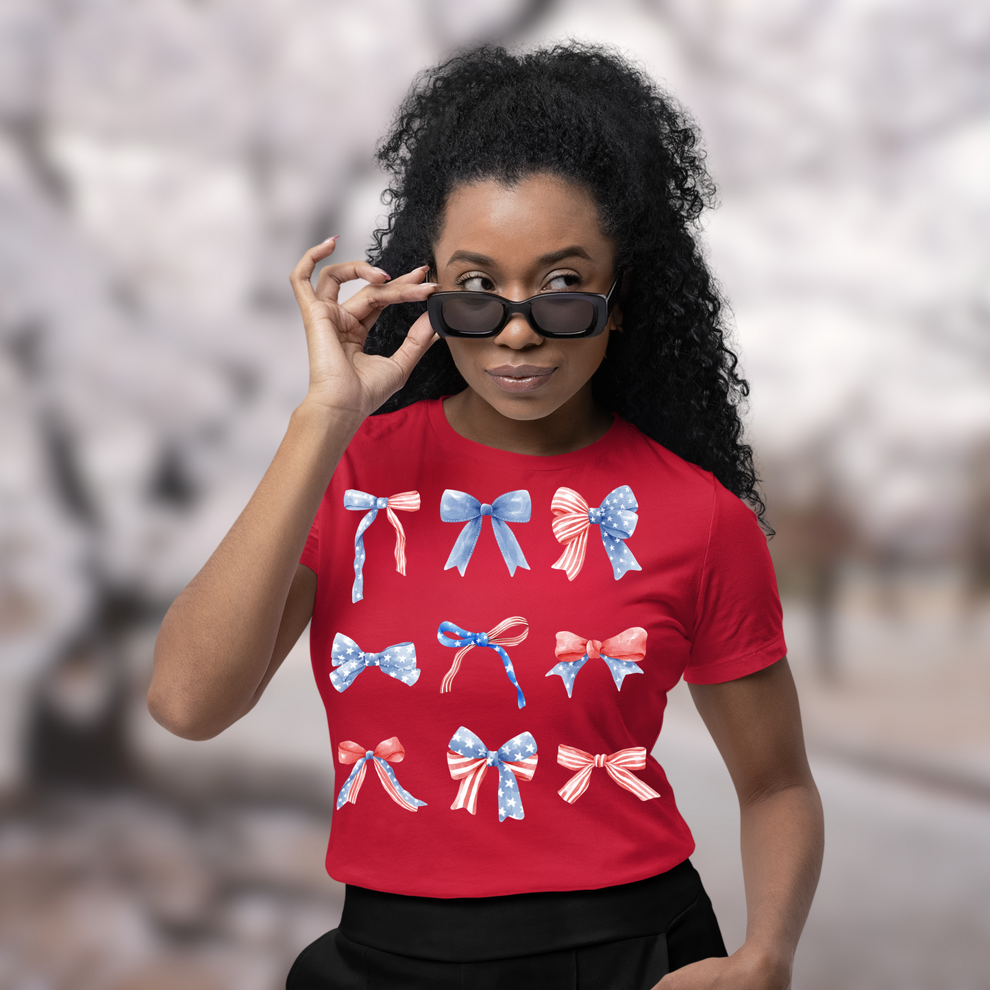 “America the Beautiful” Bow Grid Tee – 3x3 Patriotic Bows Shirt