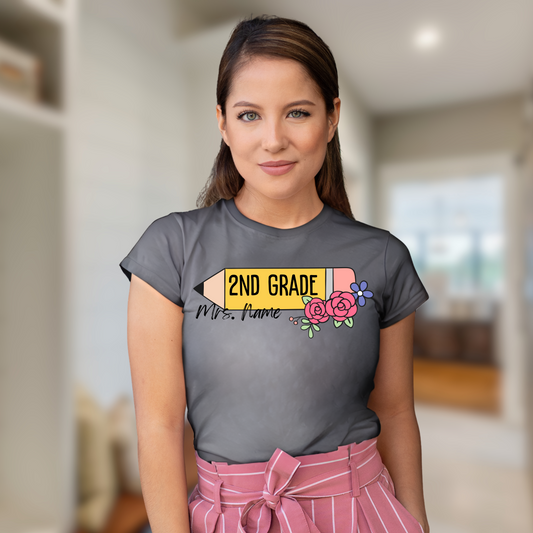 Custom Pencil Teacher Tee – Personalized Grade + Name Shirt
